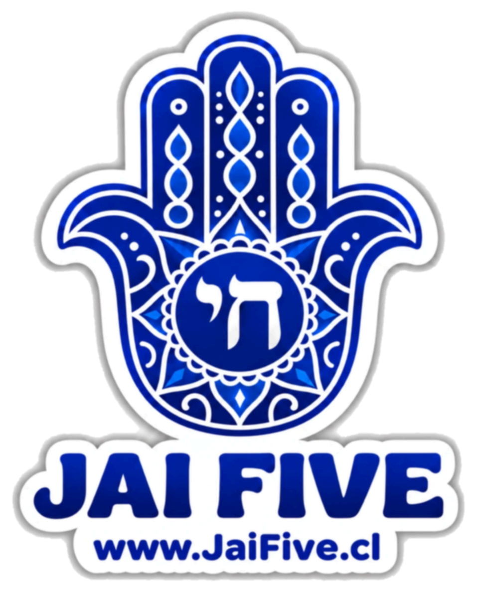 Jai Five holographic sticker: a hamsa with the Hebrew word chai in the center